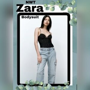 NWT Zara Women's Black Lace Corset Style Bodysuit Size Medium